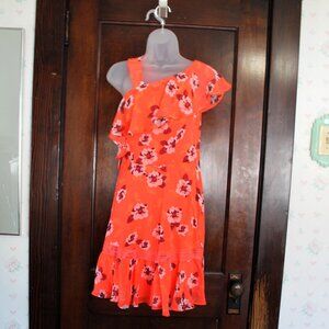 Express Neon Coral Orange Tropical Floral One Shoulder Asymmetrical Dress 4